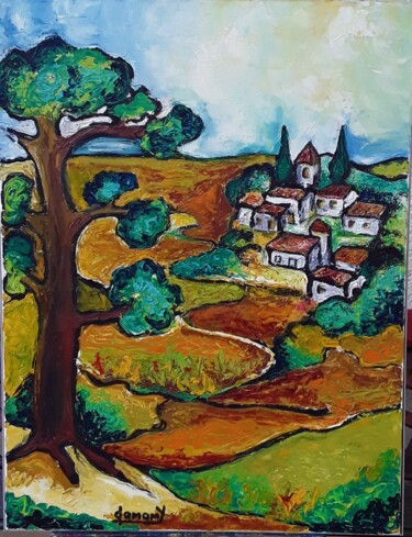 Pittura intitolato "village en ardeche" da Claude Lamamy, Opera d'arte originale, Olio