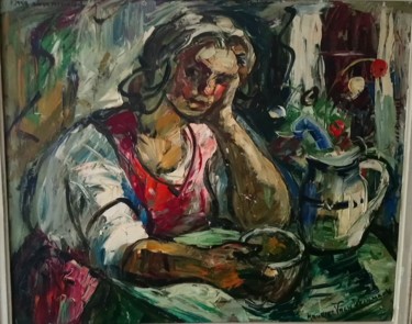 Painting titled "femme assise tenant…" by Art Plaisir, Original Artwork, Oil