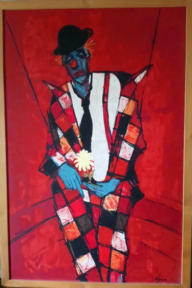 Painting titled "Clown à la fleur de…" by Art Plaisir, Original Artwork, Fabric Mounted on Wood Stretcher frame