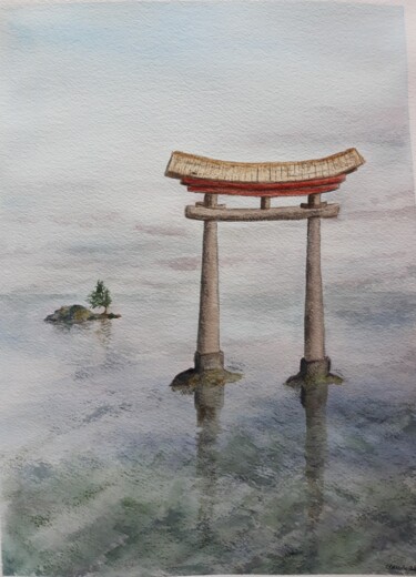 Painting titled "Torii 2" by Claude Legrain, Original Artwork, Watercolor