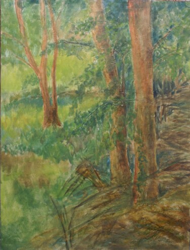 Painting titled "arbres été" by Claude Legrain, Original Artwork, Tempera Mounted on Wood Panel