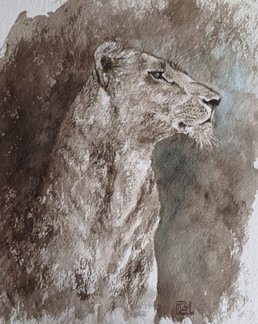 Schilderij getiteld "Lionne" door Claude Legrain, Origineel Kunstwerk, Aquarel