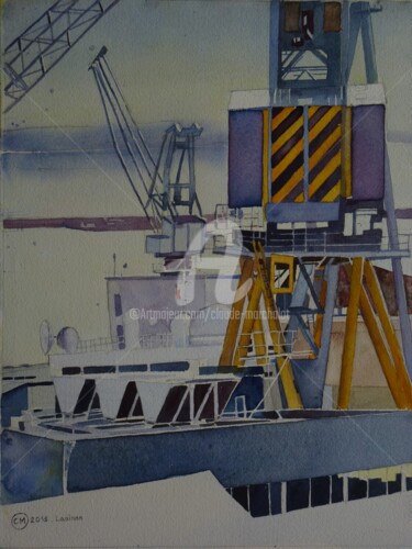 Painting titled "Brest, les grues de…" by Claude Marchalot, Original Artwork, Watercolor Mounted on Other rigid panel