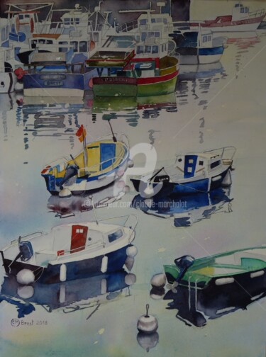Peinture intitulée "Brest, les canots d…" par Claude Marchalot, Œuvre d'art originale, Aquarelle
