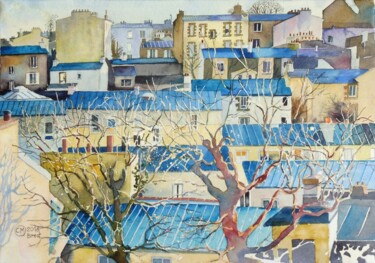 Brest, les toits de Recouvrance vus des Capucins Peinture intitulée "Brest, les toits de…" par Claude Marchalot, Œuvre d'art originale, Aquarelle