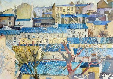 Painting titled "Brest, les toits de…" by Claude Marchalot, Original Artwork, Watercolor