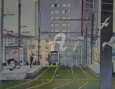 Painting titled "Brest, le tram, sta…" by Claude Marchalot, Original Artwork, Watercolor Mounted on Other rigid panel