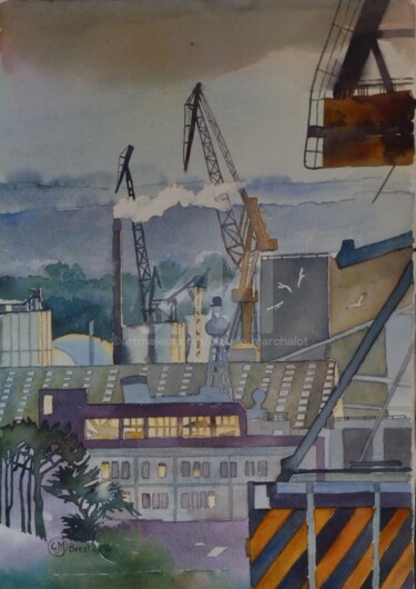 Painting titled "Brest le port de co…" by Claude Marchalot, Original Artwork, Watercolor