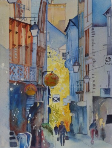 Le vieux Rennes, rue du chapitre en automne Peinture intitulée "Le vieux Rennes, ru…" par Claude Marchalot, Œuvre d'art originale, Aquarelle