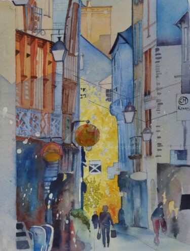 Painting titled "Le vieux Rennes, ru…" by Claude Marchalot, Original Artwork, Watercolor