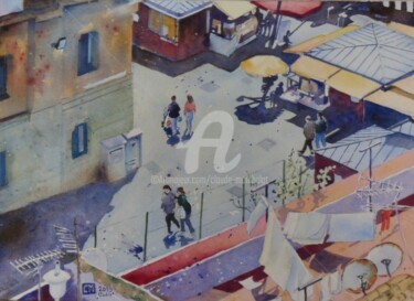 Painting titled "La plaza de la Libe…" by Claude Marchalot, Original Artwork, Watercolor Mounted on Other rigid panel