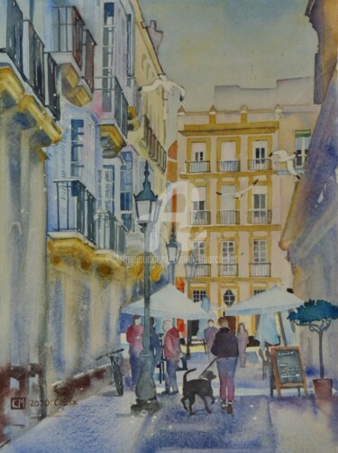 Peinture intitulée "Cadix, la calle Lib…" par Claude Marchalot, Œuvre d'art originale, Aquarelle Monté sur Autre panneau rig…