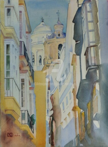 Painting titled "Cadix, la calle Com…" by Claude Marchalot, Original Artwork, Watercolor Mounted on Other rigid panel