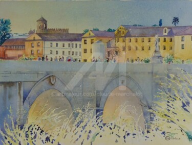 Painting titled "Cordoue, le pont ro…" by Claude Marchalot, Original Artwork, Watercolor Mounted on Other rigid panel