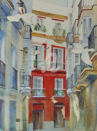 Painting titled "Cadix, calle Manzan…" by Claude Marchalot, Original Artwork, Watercolor Mounted on Other rigid panel