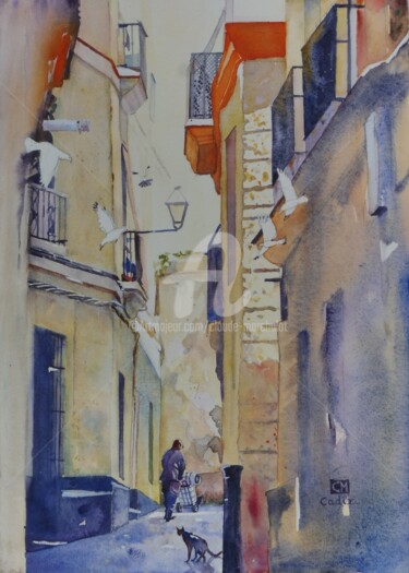 Painting titled "Cadix, le quartier…" by Claude Marchalot, Original Artwork, Watercolor