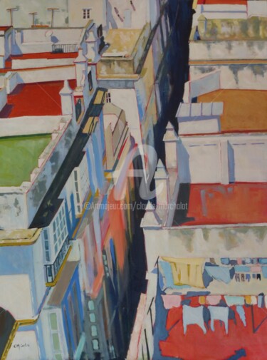 Peinture intitulée "Cadix, les terrasse…" par Claude Marchalot, Œuvre d'art originale, Huile Monté sur artwork_cat.