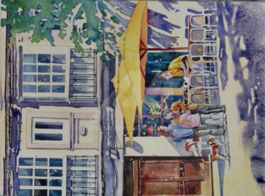 Avant de déjeuner (le serveur en jaune) Peinture intitulée "Avant de déjeuner (…" par Claude Marchalot, Œuvre d'art originale, Aquarelle