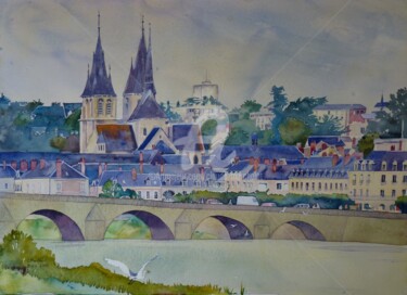 Pintura intitulada "L'arrivée à Blois" por Claude Marchalot, Obras de arte originais, Aquarela