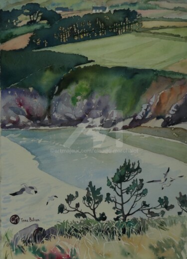 Painting titled "Baie de Douarnenez,…" by Claude Marchalot, Original Artwork, Watercolor Mounted on Other rigid panel