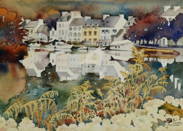 Painting titled "Automne à Port Laun…" by Claude Marchalot, Original Artwork, Watercolor Mounted on Cardboard