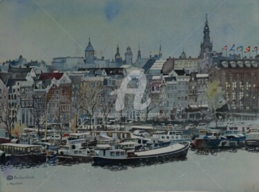 Malerei mit dem Titel "Amsterdam" von Claude Marchalot, Original-Kunstwerk, Aquarell Auf Andere starre Platte montiert