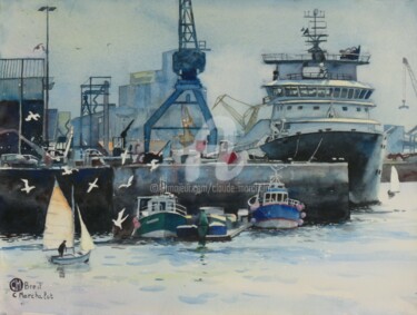 Painting titled "Port de Brest" by Claude Marchalot, Original Artwork, Watercolor Mounted on Other rigid panel