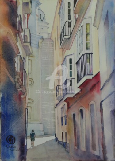 Malerei mit dem Titel "Cadix calle San Juan" von Claude Marchalot, Original-Kunstwerk, Aquarell