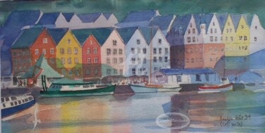 Peinture intitulée "Norvège, port de Be…" par Claude Marchalot, Œuvre d'art originale, Huile