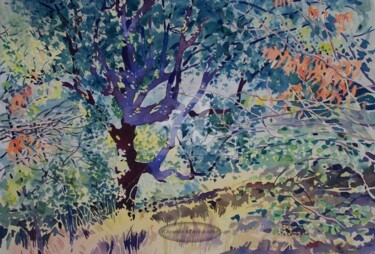 Peinture intitulée "Le chêne liège à Sa…" par Claude Marchalot, Œuvre d'art originale, Aquarelle