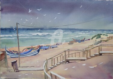 Peinture intitulée "Une plage au sud d'…" par Claude Marchalot, Œuvre d'art originale, Aquarelle