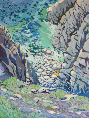 Acrylique et huile, Trézien, la crique aux galets Peinture intitulée "Acrylique et huile,…" par Claude Marchalot, Œuvre d'art originale, Acrylique