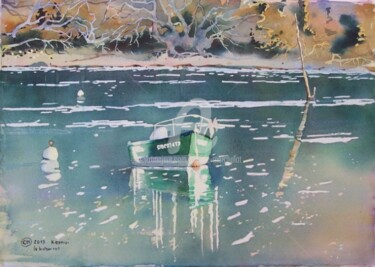 Peinture intitulée "Le bateau vert dans…" par Claude Marchalot, Œuvre d'art originale, Huile