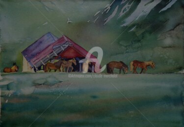 Peinture intitulée "chevaux d'Islande" par Claude Marchalot, Œuvre d'art originale, Aquarelle