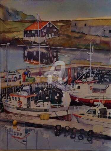 Peinture intitulée "Le port de Djupivog…" par Claude Marchalot, Œuvre d'art originale, Aquarelle