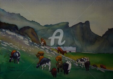 Painting titled "Vaches islandaises" by Claude Marchalot, Original Artwork, Watercolor