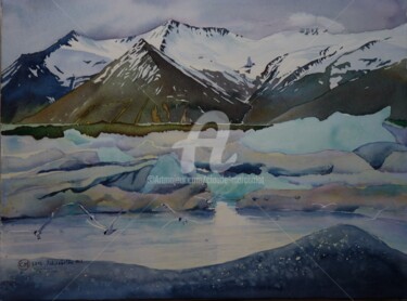 Pintura titulada "La lagune de Jökuls…" por Claude Marchalot, Obra de arte original, Acuarela