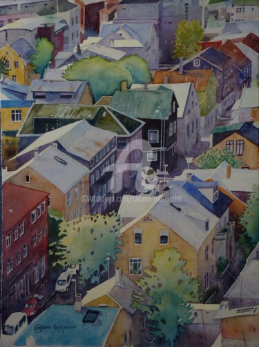 Painting titled "Les maisons colorée…" by Claude Marchalot, Original Artwork, Watercolor