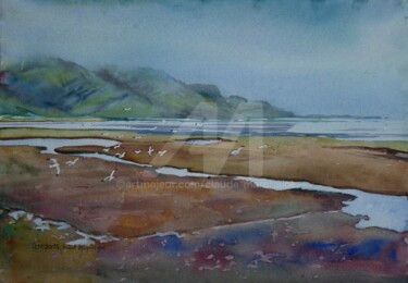 Sur la 1, vers les fjords de l'Est, avant le port de Djupivogur Peinture intitulée "Sur la 1, vers les…" par Claude Marchalot, Œuvre d'art originale, Aquarelle