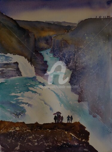 Peinture intitulée "Les chutes de Gullf…" par Claude Marchalot, Œuvre d'art originale, Aquarelle Monté sur Carton