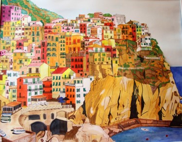 Dessin intitulée "MANAROLA-cinque-ter…" par Claude Martine Jeannoel, Œuvre d'art originale, Marqueur