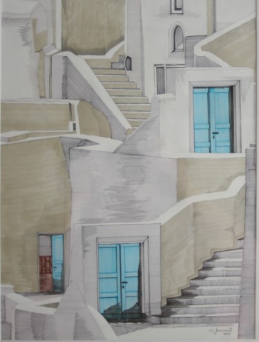 Dessin intitulée "village-grecque" par Claude Martine Jeannoel, Œuvre d'art originale, Marqueur