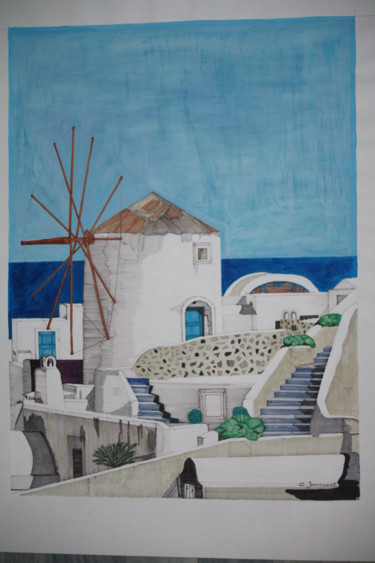 Dessin intitulée "moulin grecque" par Claude Martine Jeannoel, Œuvre d'art originale, Encre