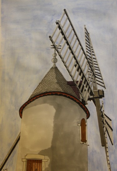 Dessin intitulée "le-moulin-a-vent" par Claude Martine Jeannoel, Œuvre d'art originale, Encre