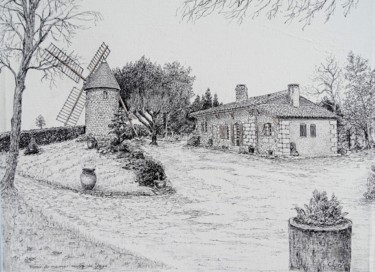 Dessin intitulée "moulin et la maison…" par Claude Mornet, Œuvre d'art originale