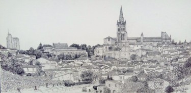 Drawing titled "Village de Saint-Em…" by Claude Mornet, Original Artwork, Acrylic Mounted on Wood Stretcher frame