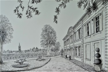 Drawing titled "Château Sansonnet S…" by Claude Mornet, Original Artwork, Ink Mounted on Wood Stretcher frame