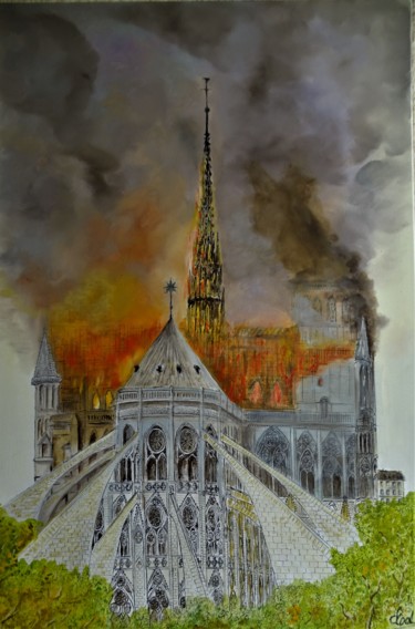 Painting titled "ND de Paris en feu" by Claude Mornet, Original Artwork, Oil