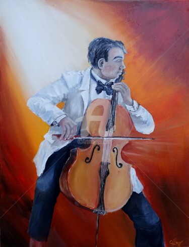 Painting titled "violonceliste-001.j…" by Claude Mornet, Original Artwork, Oil