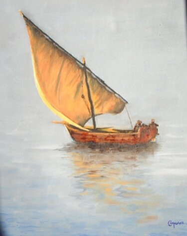 Peinture intitulée "Départ pour la pêche" par Claude Mura, Œuvre d'art originale